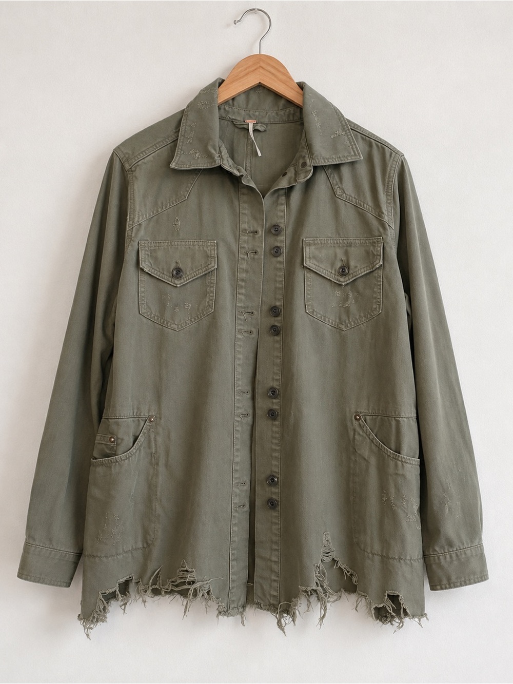 Free People Moonchild Distressed Oversized Denim Jacket Olive Size S NWOT